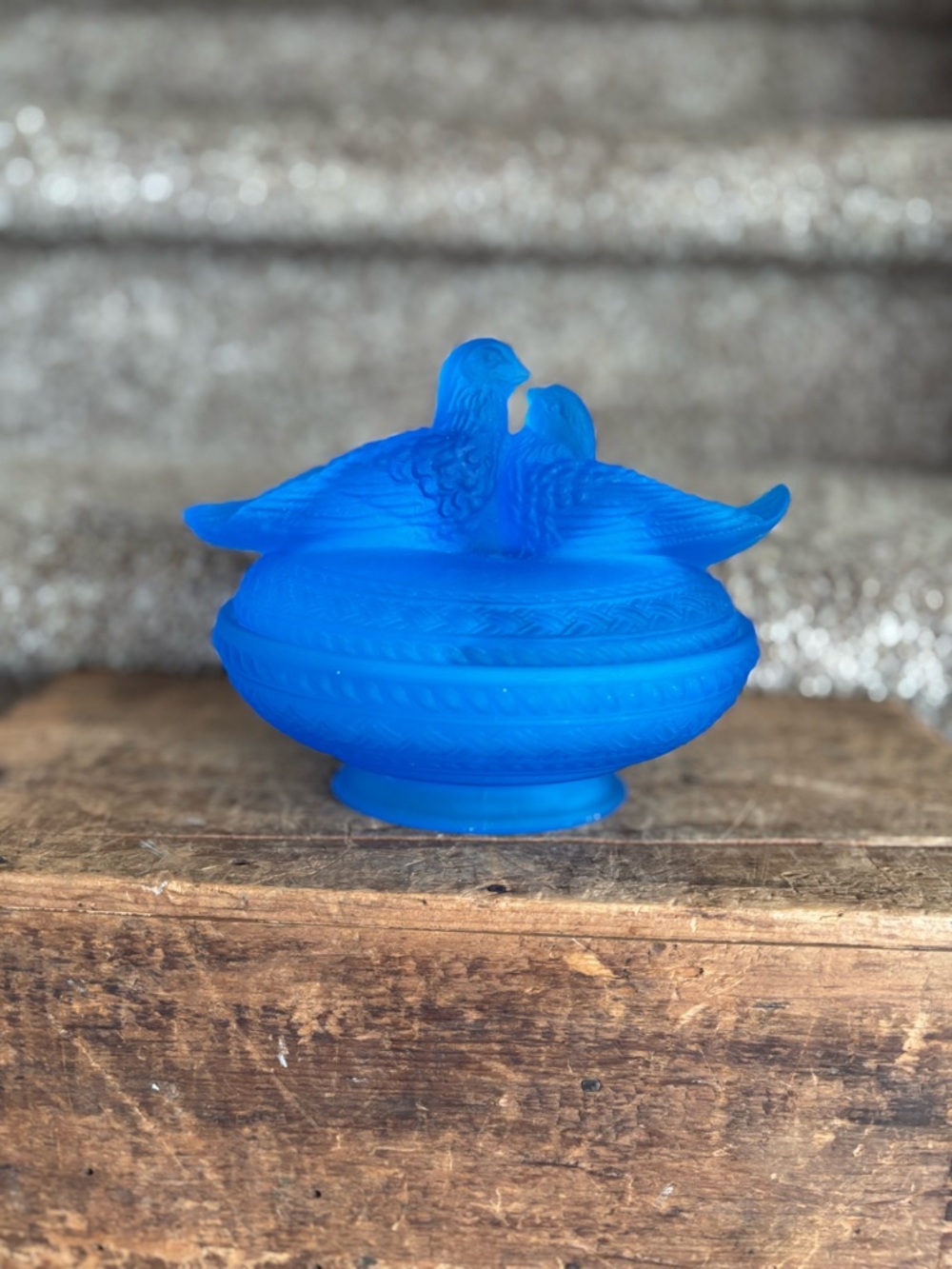 Blue Milk Glass Dove Covered Dish